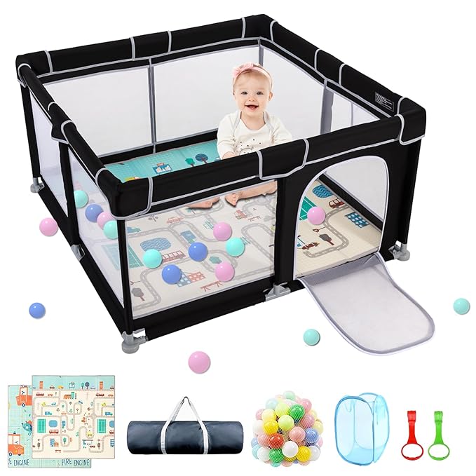 Photo 1 of 71"x59" Large Playpen with Mat, Playpen for Babies and Toddlers, Baby Playards with Zipper Gate, Safe and Non-Slip Baby Fence, Full Mesh Design, Indoor & Outdoor Kids Activity Center - Black