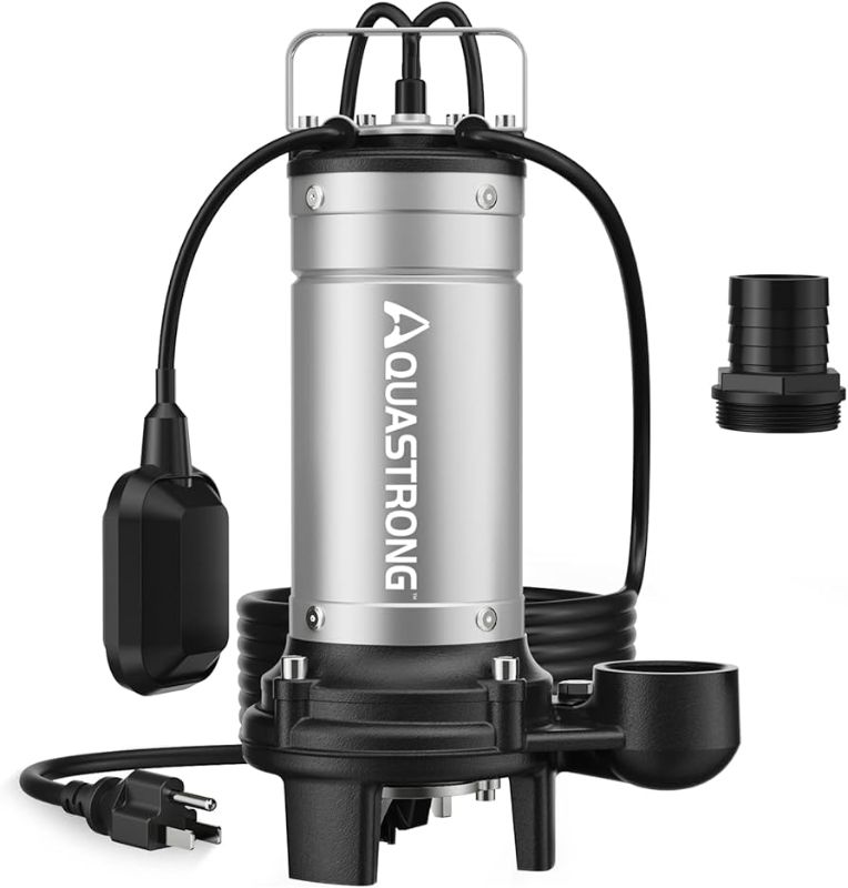 Photo 1 of  Aquastrong 1HP Sewage Grinder Pump, Stainless Steel, 115V Automatic Float Switch, Submersible Effluent/Sump Pump for Sump Basin, Basement Residential Sewage, 2'' NPT Discharge 