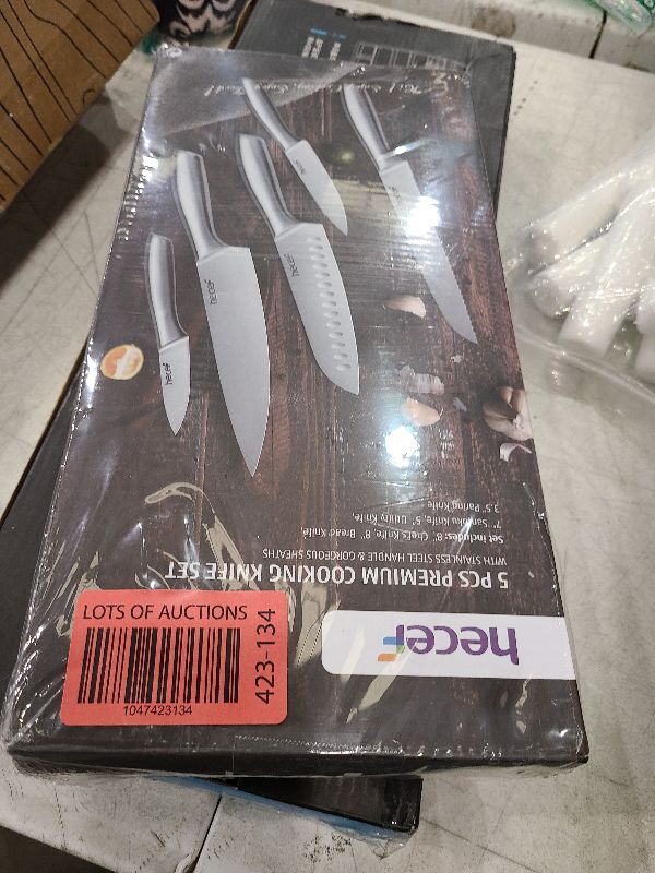 Photo 1 of hecef Silver Kitchen knife set of 5, Satin Finish Blade with Hollow Handle, includes 8" Chef, 8" Bread, 8" Santoku, 5" Utility and 3.5" paring knife