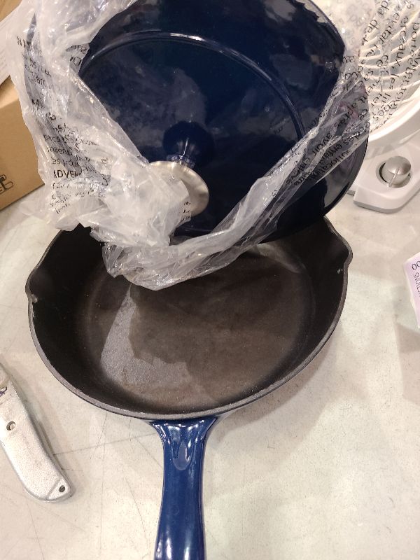 Photo 1 of Tramontina Enameled Cast Iron Skillet with Lid, 10-inch Frying Pan, Blue