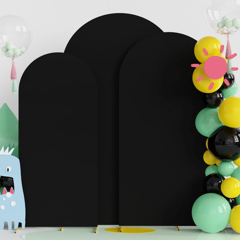 Photo 1 of Fomcet Set of 3 Wedding Arch Covers 6FT, 6.6FT, 7.2FT I 2-Sided Round Top Spandex Arch Backdrop Cover Fitted Fabric for Birthday Party Baby Shower Wedding Arch Stand Decoration black