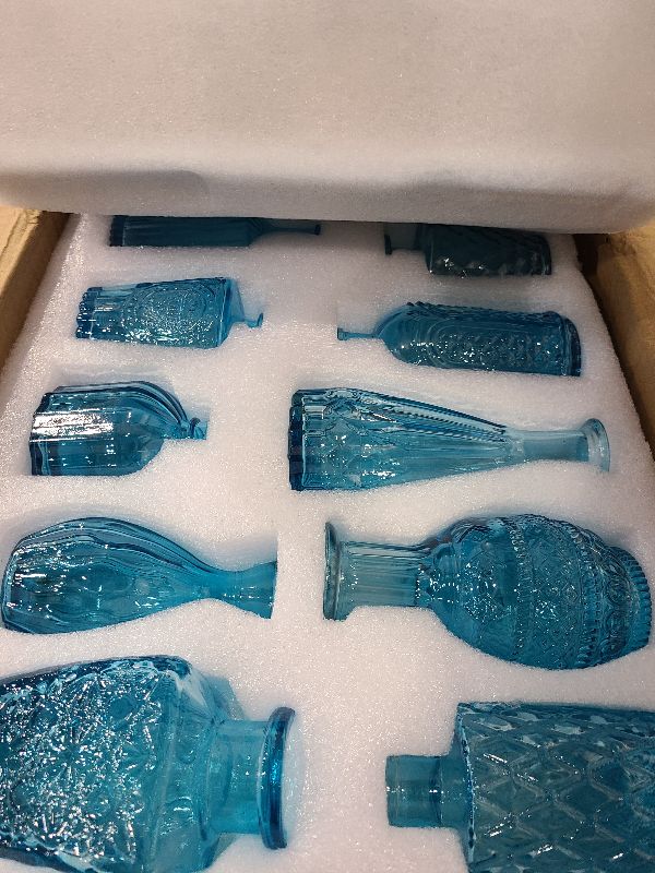 Photo 1 of 19 Pcs Glass Bud Vase Set Small Vintage Flower Vase in Bulk for Centerpieces Rustic Decorative Glass for Wedding Table Home Christmas Decoration (Light Blue)