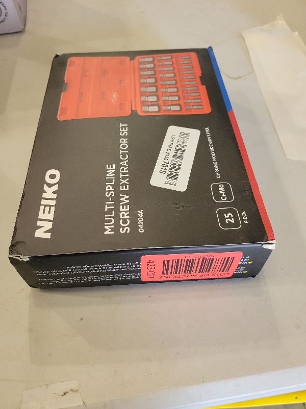 Photo 1 of NEIKO 04204A Hex-Head Multispline Screw and Bolt Extractor Set, Easy-Out Screw Extraction, Broken Bolt Remover, Stripped Fastener Tool, 1/8 Inch to 7/8 Inch in 1/32-Inch Increments, CrMo, 25 Pieces
