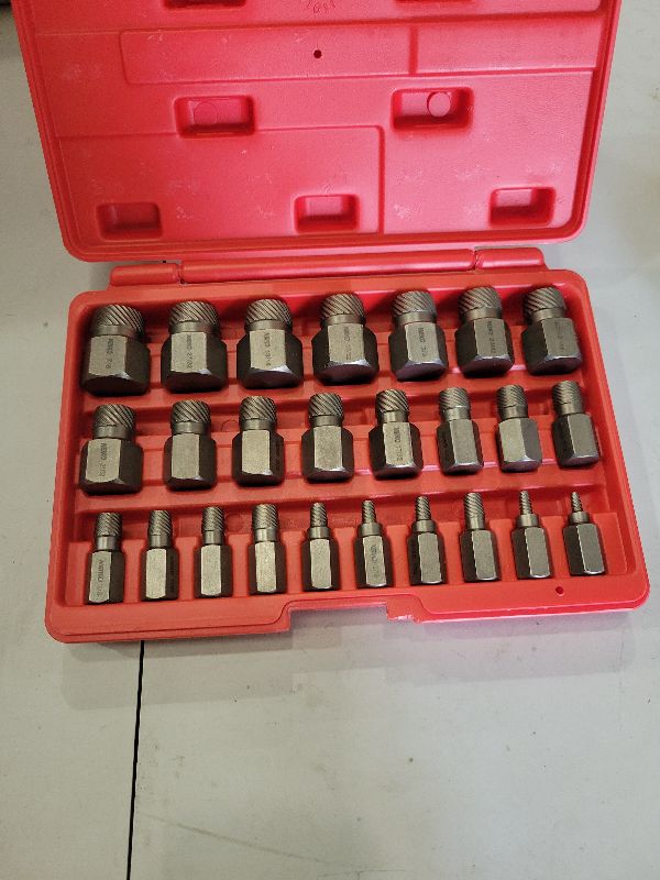 Photo 1 of NEIKO 04204A Hex-Head Multispline Screw and Bolt Extractor Set, Easy-Out Screw Extraction, Broken Bolt Remover, Stripped Fastener Tool, 1/8 Inch to 7/8 Inch in 1/32-Inch Increments, CrMo, 25 Pieces