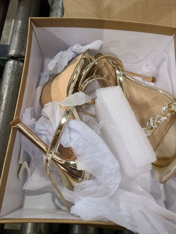 Photo 1 of Elisabet Tang Women’s Crystal Stilettos Heeled Sandals, 4 Inch Square Open Toe Strappy Sexy High Heels Ankle Strap Buckle Heels for Party Wedding Dress Daily Wear Shoes Gold Size 6