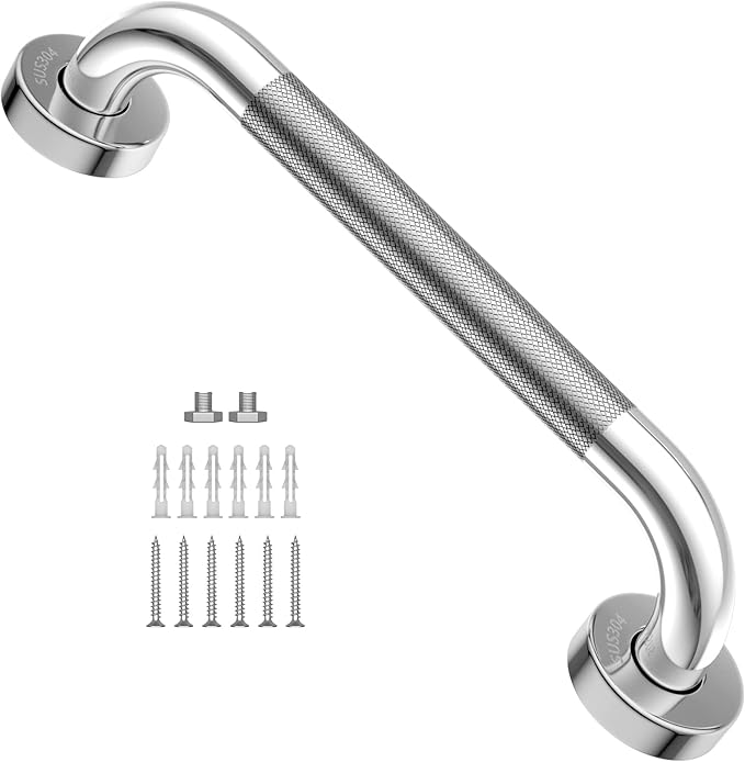 Photo 1 of 12 Inch Anti-Slip Shower Grab Bar, iMomwee Chrome Stainless Steel Bathroom Grab Bar Handle with Textured Grip, Shower Balance Bar, Safety Hand Rail Support, Handicap Elderly Senior Assist Bath Handle
