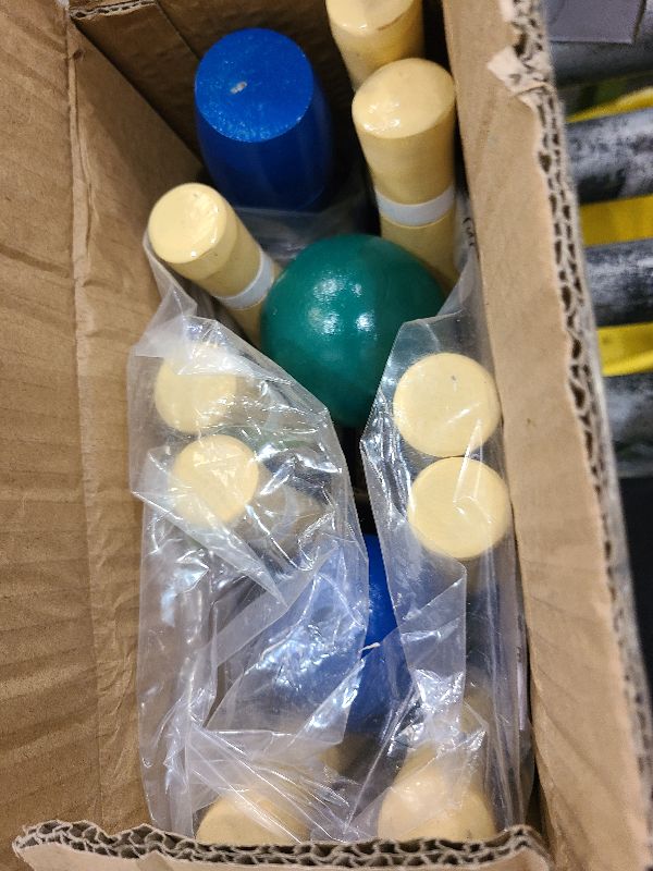 Photo 1 of 13-Piece Wood Bowling Set - Indoor/Outdoor Bowling Game for Adults and Kids Ages 3 and Up - 10 Wood Pins, 2 Balls, and Carrying Bag by Hey Play (Blue)