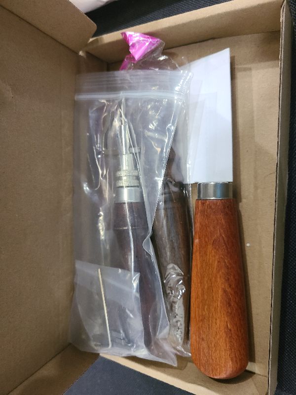 Photo 1 of 5 Pieces Leather Knife Set Includes 7 in 1 Leather Groover Tool 2 Pieces Edge Beveler Cutting Knife Sandalwood Craft Device, Handle Tools for DIY Craft Cutting
