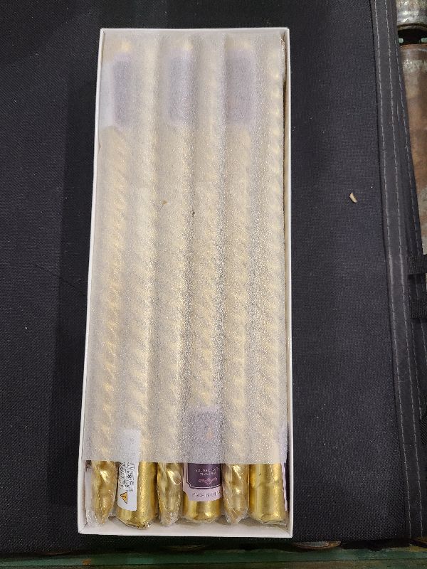 Photo 1 of 10 Inch Tall Taper Candles Spiral Candle, Set of 12 Tapered Candle, 8 hrs,Tasteless and Smokeless,Long Candle,Tall Candlesticks, Home Dinner, Party, Wedding, Halloween (12, Golden, 25cm)