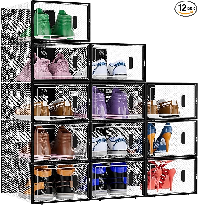 Photo 1 of BALEINE 12 Pack Stackable Shoe Storage Boxes Fit Size 9, Thickened Clear Shoe Box Bins with Lids, Plastic Foldable Organizer Sneaker Storage Containers (Large, Black)
