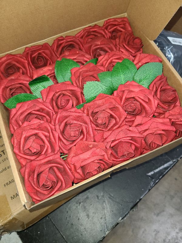 Photo 1 of AmyHomie Artificial Flowers Dark Red Rose 50pcs Real Looking Fake Roses w/Stem for DIY Wedding Bouquets Centerpieces Arrangements Party Baby Shower Home Decorations