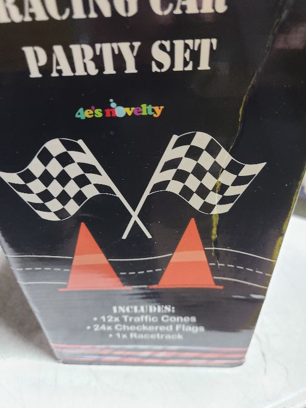 Photo 1 of 4E's Novelty 38 Pieces Set - 12 Traffic Cones With Hole on Top, 24 Checkered Flags, Racetrack Floor Runner - for For Race Car Birthday Party Supplies, Table Centerpiece Decorations Kids Gift