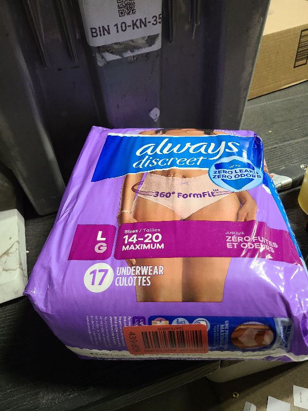 Photo 1 of Always Discreet, Incontinence & Postpartum Underwear For Women, Classic Cut, Size Large, Maximum Absorbency, Disposable, 17 Count