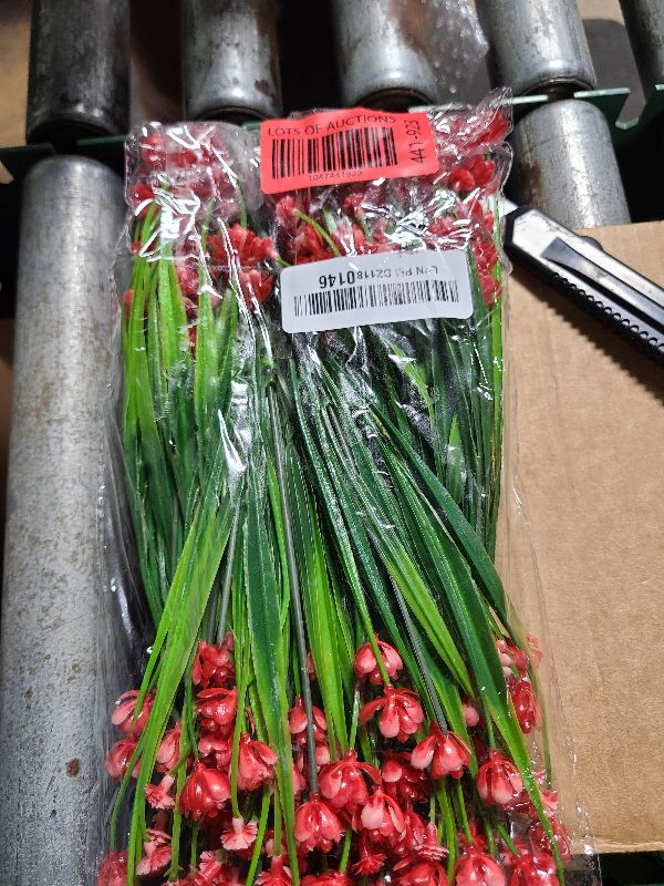 Photo 1 of 6 Bundles Outdoor Artificial Fake Flowers UV Resistant Shrubs Plants, Faux Plastic Greenery for Indoor Outside Hanging Plants Garden Porch Window Box Home Wedding Farmhouse Decor Red