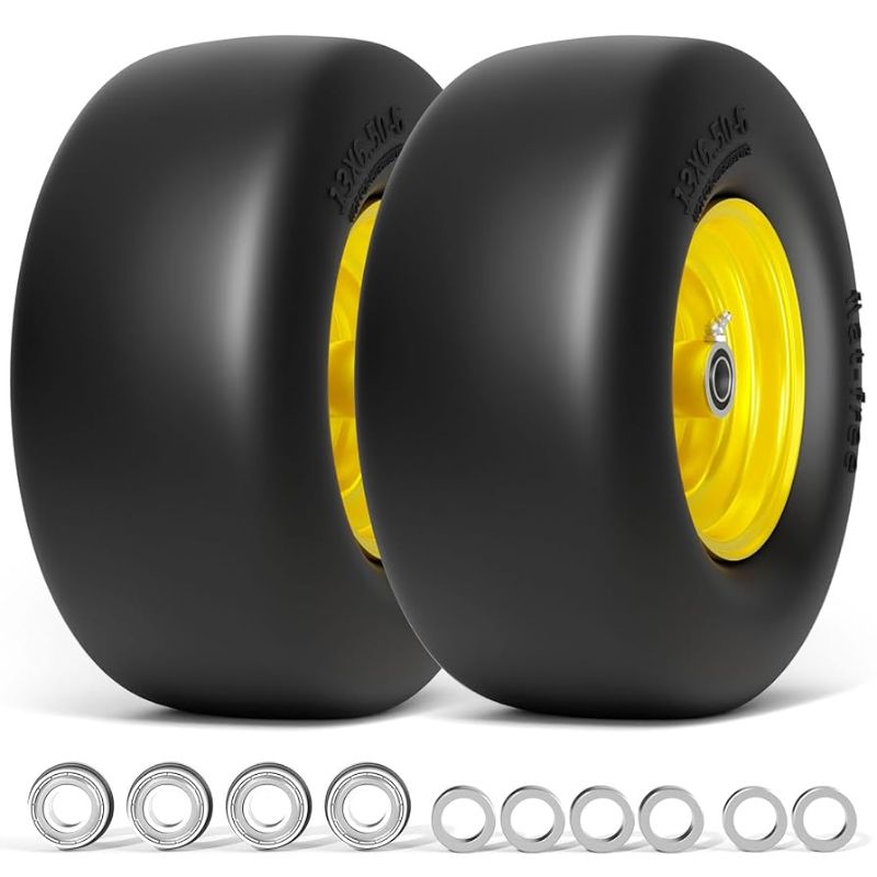 Photo 1 of 13x6.50-6 Lawn Mower Tires Flat Free, Zero Turn Mower Front Tires for Residential and Commercial, 13x6.5-6 Flat Free Tire and Wheel, 3/4" & 5/8" Bearing, 3.25"-7.65" Center Hub, 2Pack Yellow 