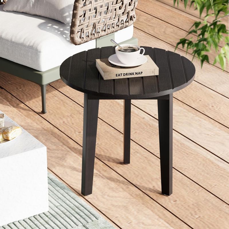 Photo 1 of  Round Wooden Patio Table - Small End Table for Indoor & Outdoor Use, 3 Legs Black 