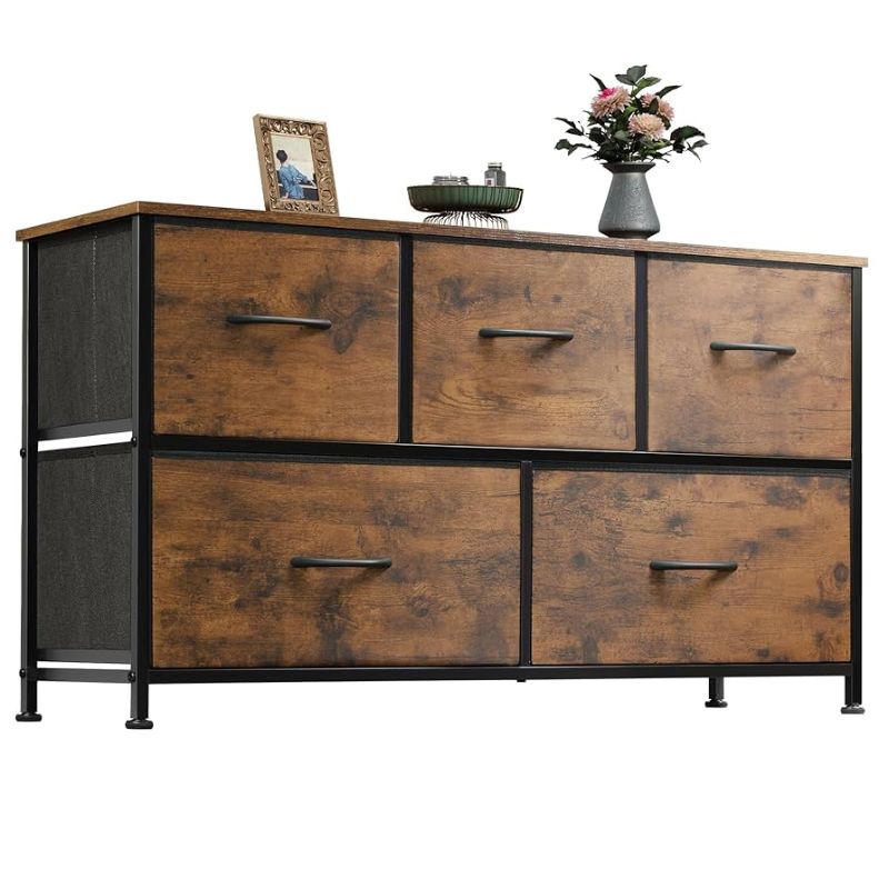 Photo 1 of  WLIVE Dresser for Bedroom with 5 Drawers, Wide Chest of Drawers, Fabric Dresser, Storage Organizer Unit with Fabric Bins for Closet, Living Room, Hallway, Rustic Brown Wood Grain Print 