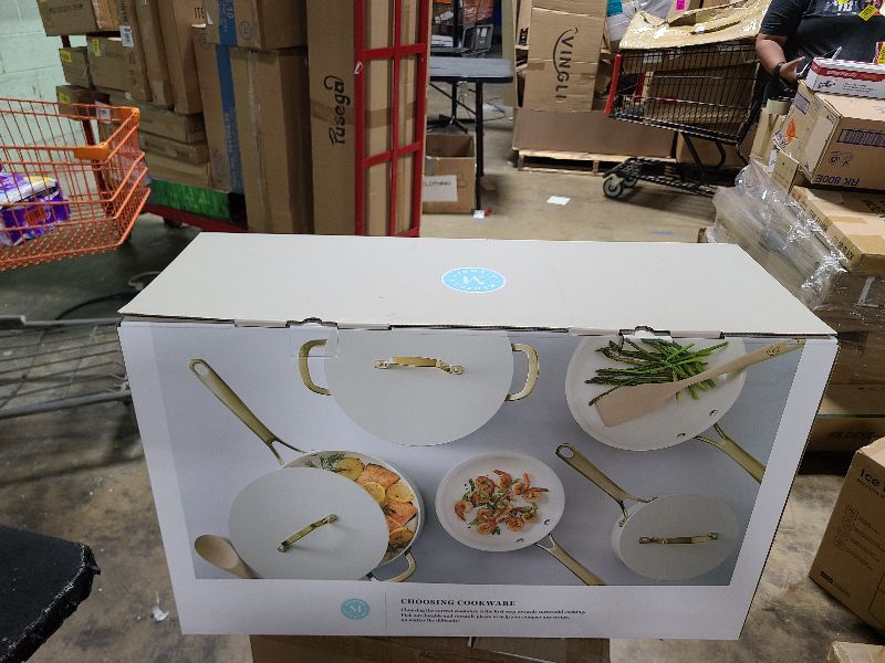 Photo 1 of  Martha Stewart Lockton Premium Nonstick PFA Free Ceramic Interior 10 Piece Heavy Gauge Enamel Aluminum Pots and Pans Cookware Set - Linen White w/Gold Handle
Overall Pick 