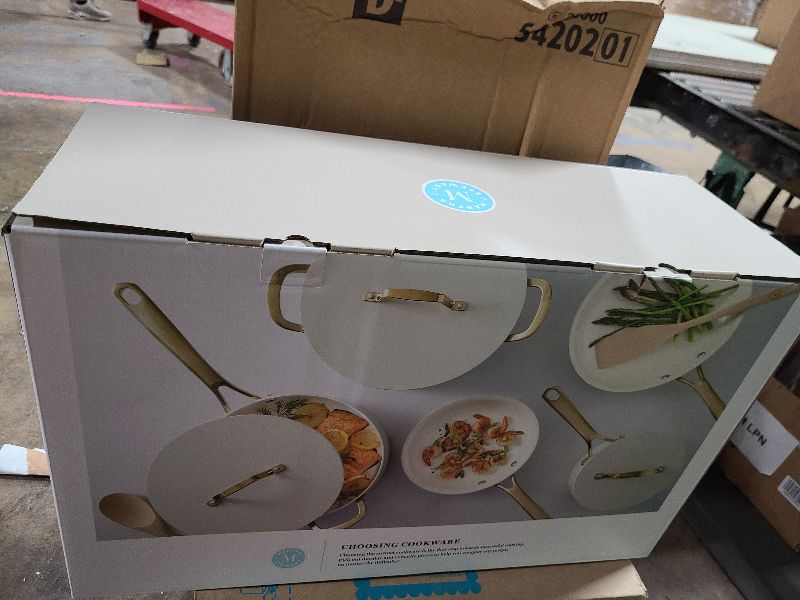 Photo 1 of  Martha Stewart Lockton Premium Nonstick PFA Free Ceramic Interior 10 Piece Heavy Gauge Enamel Aluminum Pots and Pans Cookware Set - Linen White w/Gold Handle
Overall Pick 