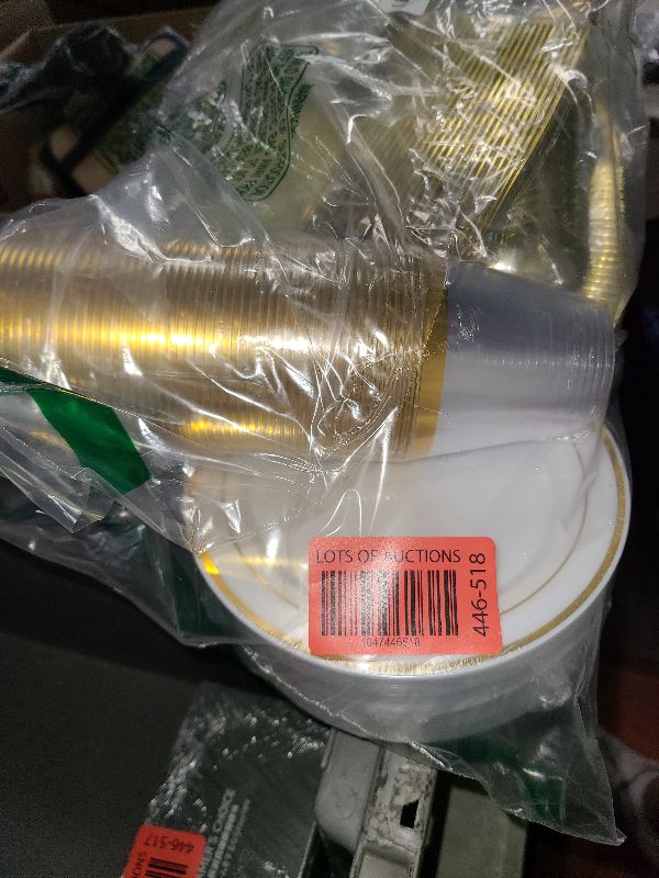 Photo 1 of 300 Pieces Gold Plastic Dinnerware for 50 Guests, Plastic Plates for Party Wedding Birthday, Disposable Dinnerware Set of 50 Dinner Plates, 50 Salad Plates, 50 Spoons, 50 Forks, 50 Knives, 50 Cups