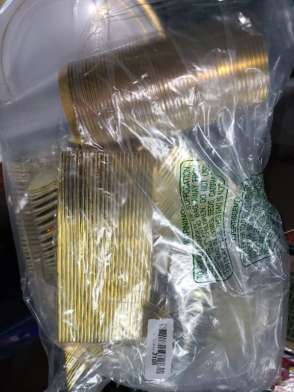 Photo 1 of 300 Pieces Gold Plastic Dinnerware for 50 Guests, Plastic Plates for Party Wedding Birthday, Disposable Dinnerware Set of 50 Dinner Plates, 50 Salad Plates, 50 Spoons, 50 Forks, 50 Knives, 50 Cups