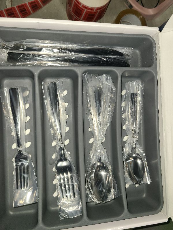 Photo 1 of 21-Piece Modern Black Silverware Set with Organizer Tray Stainless Steel Eating Utensil Sets Kitchen Knives Forks and Spoons Cutlery Set Heavy Duty Tableware Flatware Sets for 4, Dishwasher Safe