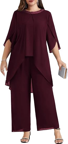 Photo 1 of  Hanna Nikole Plus Size Mother of The Bride Pant Suits 2 Piece Chiffon Sets Dressy Wedding Guest Outfit with High Low Hem Size: 24 Plus