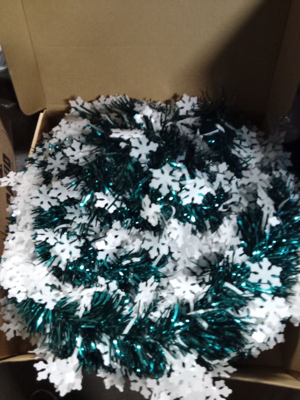 Photo 1 of 6FT Pop-up Christmas Tree with DIY 100 LED String Lights-Collapsible Prelit Christmas Artifitial Green Snowflake Tree with 3D Star for Xmas Decor Holiday Party Decorations (Peacock Green&White)