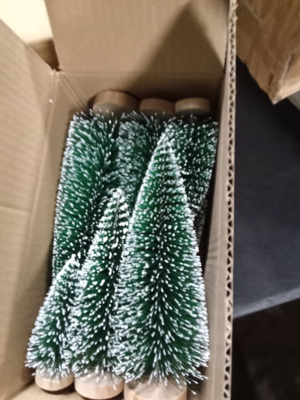 Photo 1 of 12 Pcs Mini Christmas Tree, Tabletop Christmas Tree with Wooden Bases Artificial Christmas Treewith 3 Sizes Christmas Table Decor Bottle Brush Trees for Christmas Decorations (Green)