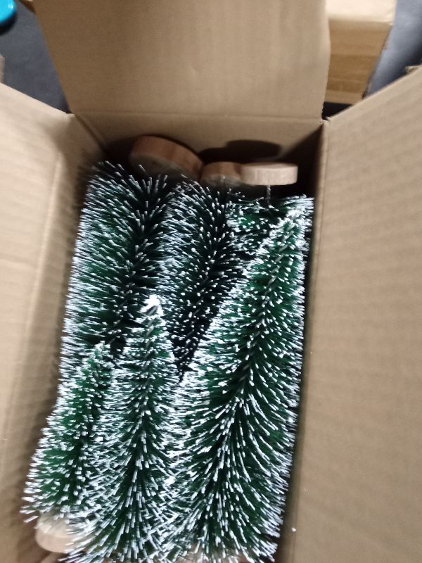 Photo 1 of 12 Pcs Mini Christmas Tree, Tabletop Christmas Tree with Wooden Bases Artificial Christmas Treewith 3 Sizes Christmas Table Decor Bottle Brush Trees for Christmas Decorations (Green)