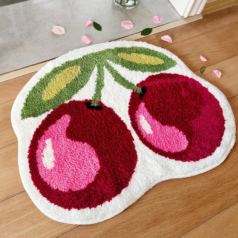 Photo 1 of  Cherry Bath mat Cute Bath mat Cherry Rug Fun Bath mat Cherry Bathroom Decor, Shaped Absorbent Bathtub Cool Rug Bathroom Tub Plush Shower Rugs Washable 
