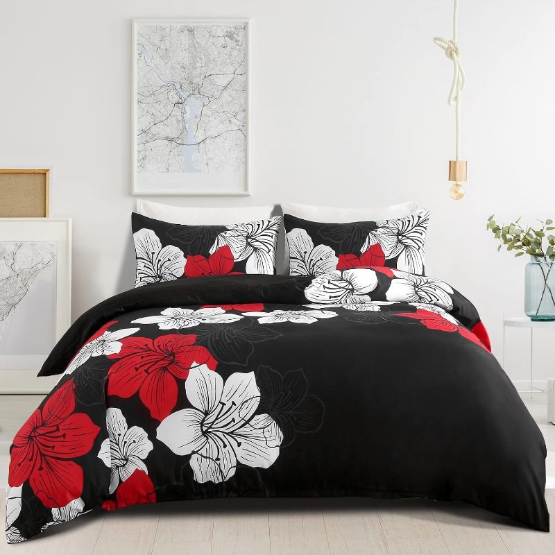 Photo 1 of  Black Duvet Cover Set King Red Floral Pattern Comforter Cover Reversible Lily Floral Duvet Cover with 2 Pillow Cases Lightweight Microfiber Elegant Bedding Duvet Cover Set All Season 90"x 104" 