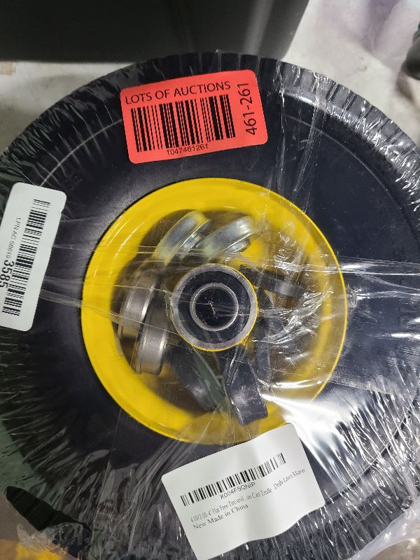 Photo 1 of 4.10/3.50-4" Flat Free Tire and Wheel, 10" Solid Tire with 5/8" Axle Bore Hole with 3/4" & 1/2" Extra Bearings, 2.2" Offset Hub for Wheelbarrow Hand Truck Garden Wagon Cart Trolley Dolly Lawn Mover
