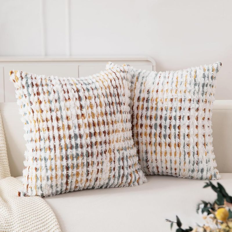 Photo 1 of **ONLY 1**
Boho Throw Pillow Covers Set of 2-18x18 Inch Farmhouse Tufted Pillow Covers Neutral Chenille Boho Throw Pillows, Accent Fluffy Pillow Cases for Couch Living Room Bed Sofa, Yellow and White 