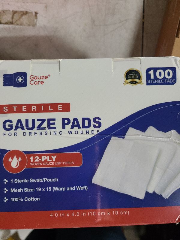 Photo 1 of 100pc Large Sterile Gauze Pads 4x4 Sterile for Wounds Bulk - 12ply Woven Gauze Sponges 4x4 Sterile - USP IV Breathable Mesh 4x4 Gauze Pads Sterile for Enhanced Absorption - First Aid Medical