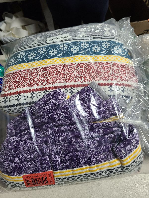 Photo 1 of 3 Pieces Colorful Bohemian Quilt Set Full Queen Size, Purple n Grey Boho Striped Printed Bedding Bedspread Coverlet Set for Summer, Soft Lightweight Microfiber Quilt with 2 Shams (88x88 inces)