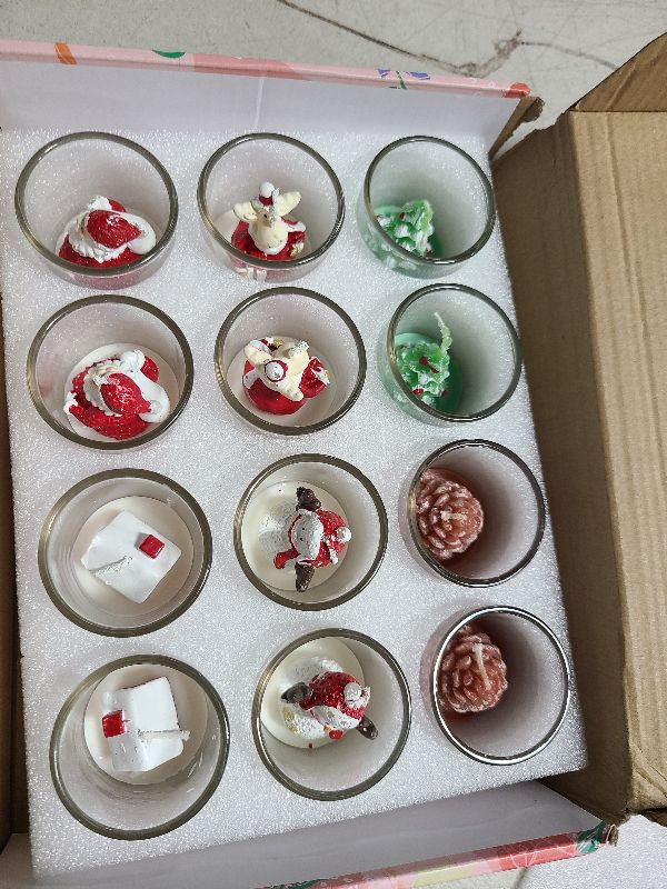 Photo 1 of 12-Pack Christmas Glass Votive Candles - Festive Decor Set with Santa, Snowman, Pinecone, Cedar, Elk and House Designs - Good for Xmas Holiday Decorations, Parties and Gifts