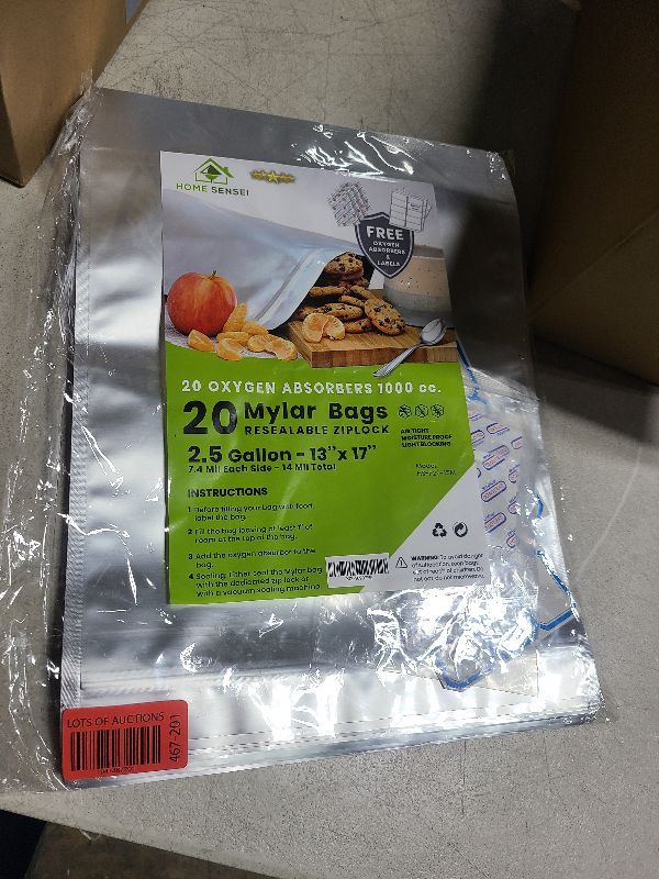 Photo 1 of 20 Mylar Bags for Food Storage, 2.5 Gallon Capacity, Extra Thick 15 Mil, with 1000cc Oxygen Absorbers, Resealable, Stand-Up Gusset, Ideal for Long-Term Food Storage