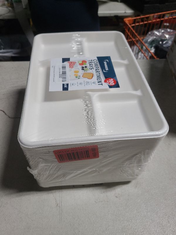 Photo 1 of 5 Compartment Plates Disposable Heavy Duty (100 Pack) Trays 12.5" x 8.6" - Sugarcane School Trays - Disposable Plates with Compartments Sectioned - Environmentally-Friendly Paper Dividers