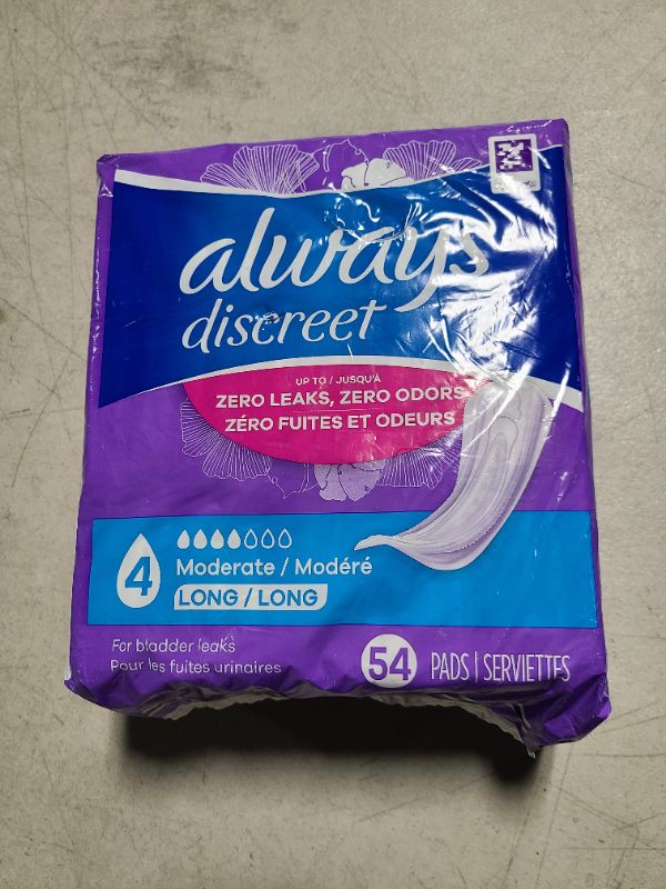 Photo 1 of Always Discreet Adult Incontinence Pads for Women, Moderate Absorbency, Long Length, Postpartum Pads, Up to 100% Bladder Leak Protection, 54 Count (Packaging May Vary)
