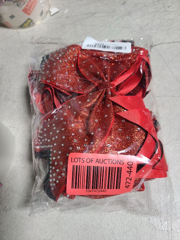 Photo 1 of 8 PCS Large Glitter Cheer Bows 8" Rhinestones Hair Bows Sparkly Cheerleading Softball Team Bow Hair Ponytail Holder Accessories for cheerleaders football Competition Sports- Red