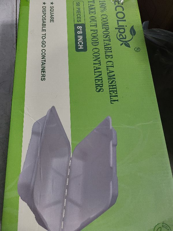 Photo 1 of ECOLipak 50 Pack Clamshell Take Out Food Containers, 100% Compostable Disposable To Go Containers, 8X8 inch Heavy-Duty To Go Boxes for Food