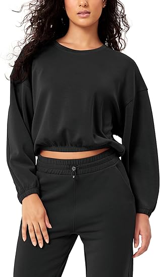 Photo 1 of  ODODOS Women's Modal Soft Gathered Cropped Sweatshirts Long Sleeve Elastic Hem Crew Neck Pullover Tops SMALL