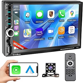 Photo 1 of 7" Wireless Apple Carplay Double Din Car Stereo,1024×600 HD IPS Double Din Touchscreen Car Radio with Bluetooth 5.0,Android Auto,10-Band EQ&Audio Subwoofer,TF/Type-C/USB/AUX, Radio with Backup Camera