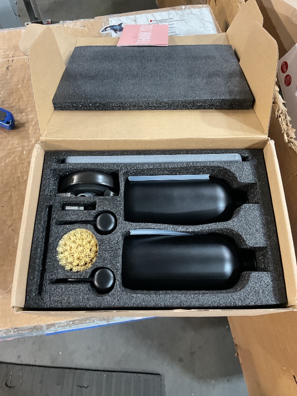 Photo 1 of [Luxury] Kitchen Soap Dispenser Set - 16OZ Black Glass Bottle, Stainless Steel Pump, Instant Dry Tray, Waterproof Labels, Non-Slip Silicone Pad, and Dish Brush | Upgrade for Your Kitchen and Bathroom