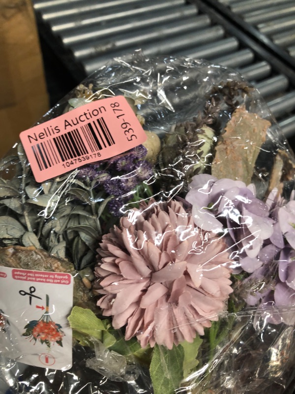 Photo 1 of ***(HEAVILY USED/ MINOR DAMAGE)***Peauley 13-inch Small Artificial Fake Flowers for Table Arrangements, Silk Faux Bouquets with Three Roasted Edge Roses, Hydrangeas, Globeflower, babysbreaths, Ideal for The Kitchen or Bedroom.