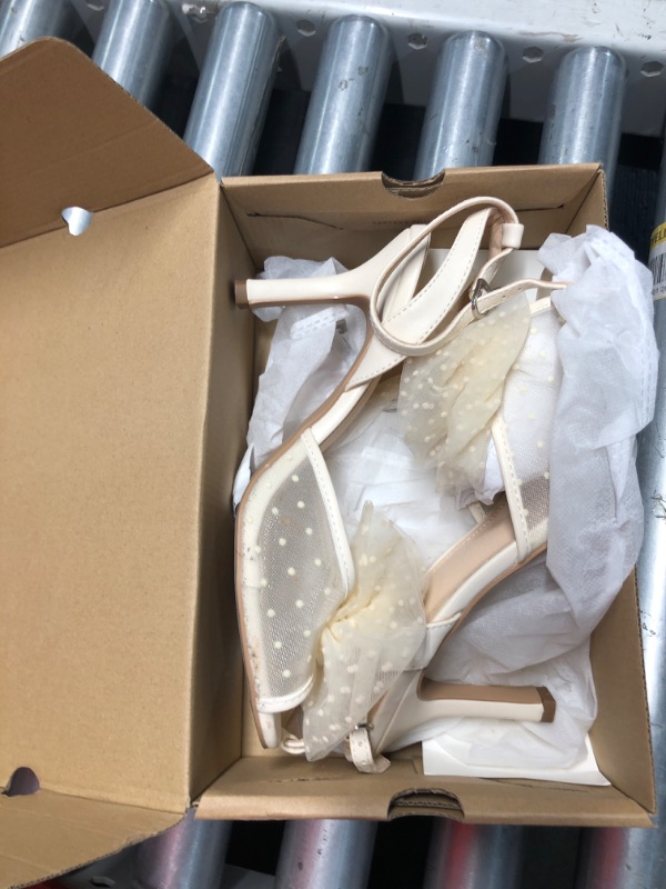 Photo 1 of ***(HEAVILY USED/MINOR DAMAGE)***Coutgo Womens Bow Tie Heels Sandals Slingback Peep Toe Wedding Heels Mesh High Stiletto Heel Summer Cute Wedding Bridal Shoes Beige SIZE 10