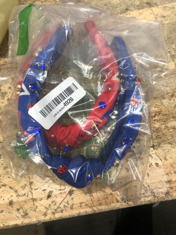Photo 1 of 2 Pack 4th of July Headbands for Women Girls - Red Blue Patriotic Star Print Top Knot Hair Bands, Rhinestone Jeweled Independence Day Hair Accessories for USA Flag Party, Parade, BBQ, Holiday Outfit