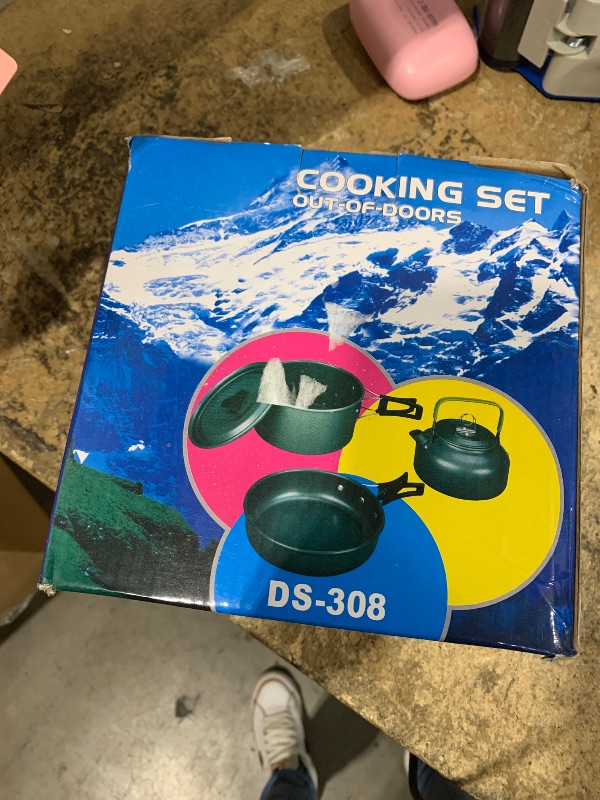 Photo 1 of (MISSING FEW aCCESORIES) JUSFANE 20Pcs Camping Cookware Mess Kit, Non-Stick Lightweight Camping Pots and Pans with 1.1L Kettle, 2 Set Stainless Steel Cups Plates Forks Knives Spoons for Backpacking, Hiking, Outdoor Cooking