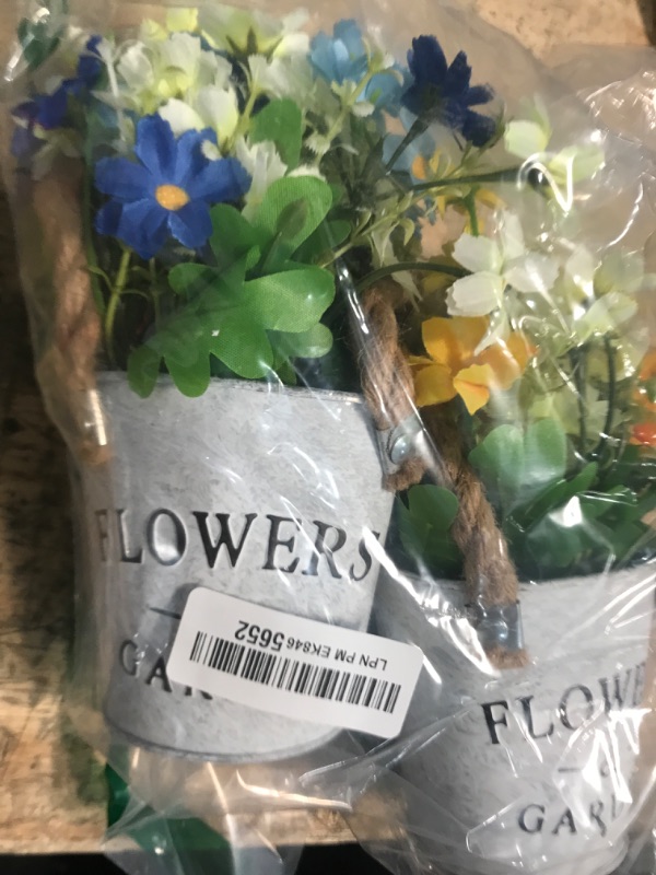 Photo 1 of 2 Pack Elegant Daisy Flowers Bouquet, Artificial Potted Flower Arrangement Iron Bucket, Hanging Metal Pot Bonsai Artificial Flowers Balcony Home Decor Ideal House Outdoor Decoration (Blue+Yellow)

